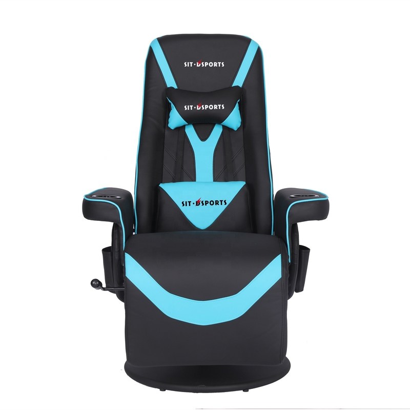 أريكة ألعاب فاخرة باللونين الأسود/الأزرق على طراز السباقات مع حامل أكواب وإضاءة LED ومسند للقدمين