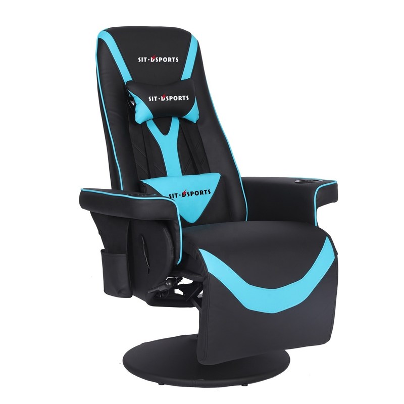أريكة ألعاب فاخرة باللونين الأسود/الأزرق على طراز السباقات مع حامل أكواب وإضاءة LED ومسند للقدمين