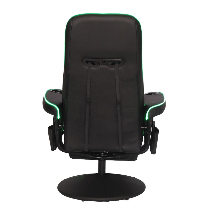 أريكة ألعاب فاخرة باللونين الأسود/الأزرق على طراز السباقات مع حامل أكواب وإضاءة LED ومسند للقدمين