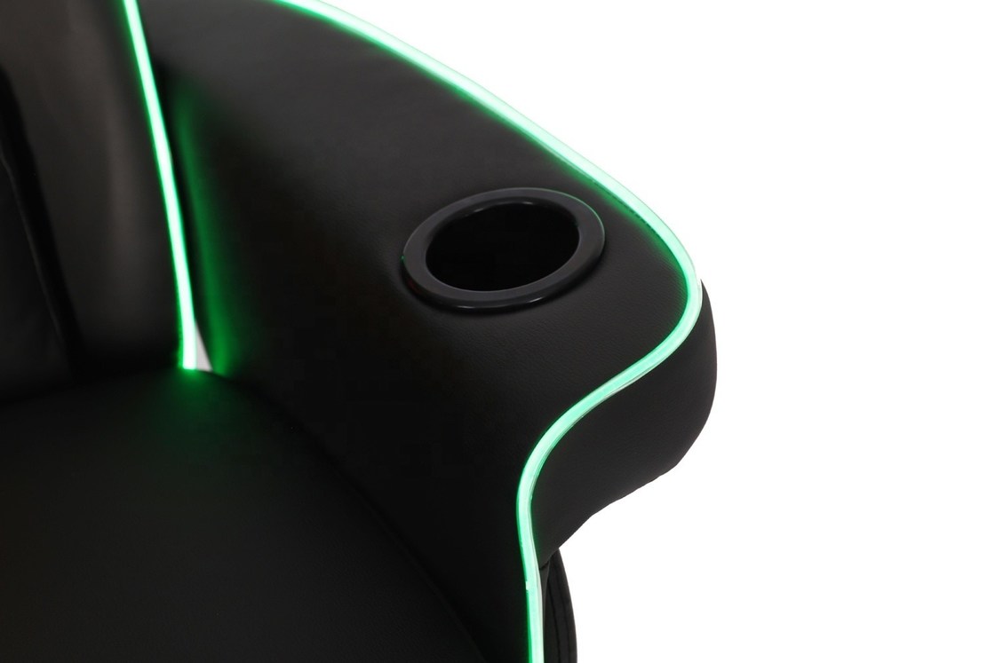 أريكة ألعاب فاخرة باللونين الأسود/الأزرق على طراز السباقات مع حامل أكواب وإضاءة LED ومسند للقدمين